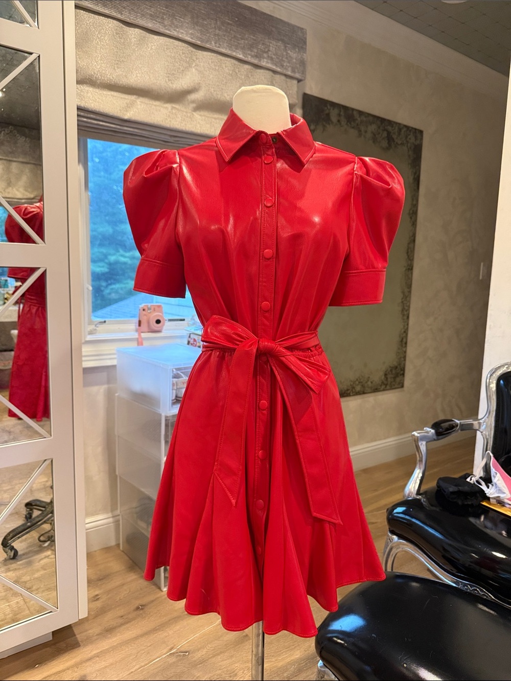 Alice + Olivia Women's Red Puff-Sleeve Dress with Tie Belt